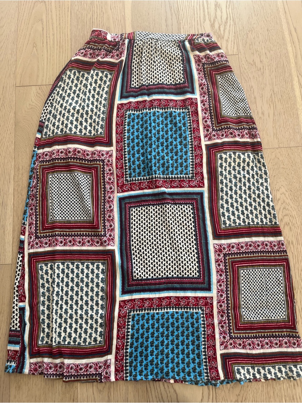 UK2LA Multicolor Patchwork Midi Skirt in Blue, Red & Cream